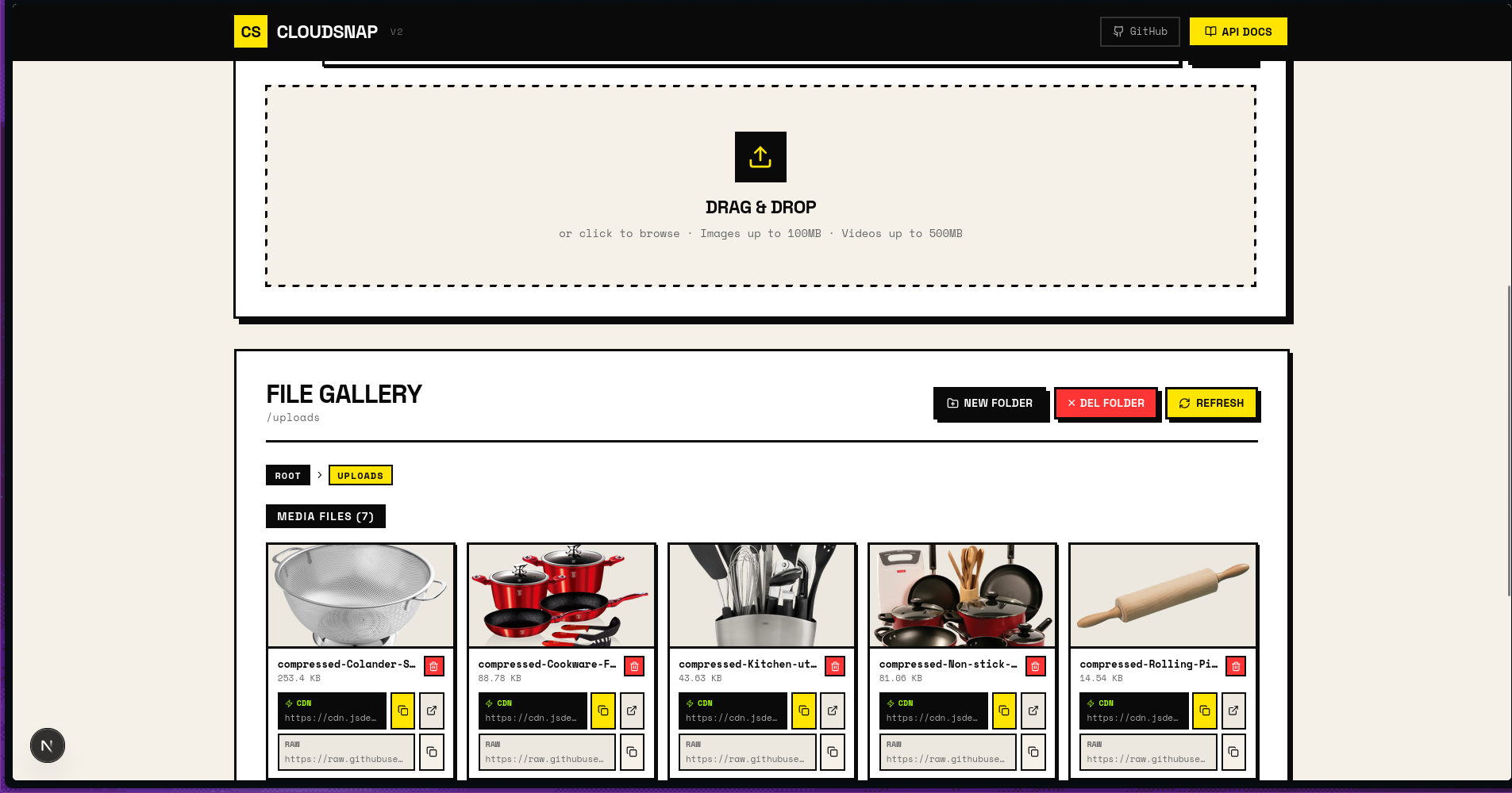 CloudSnap file gallery with CDN and raw links