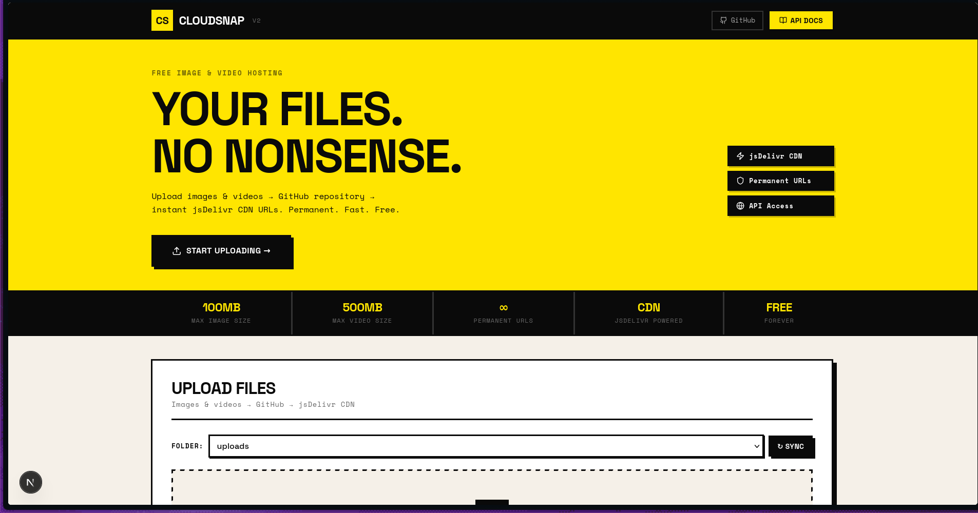 CloudSnap landing page with upload CTA