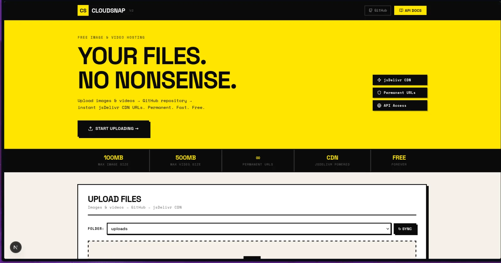 CloudSnap landing page with upload CTA