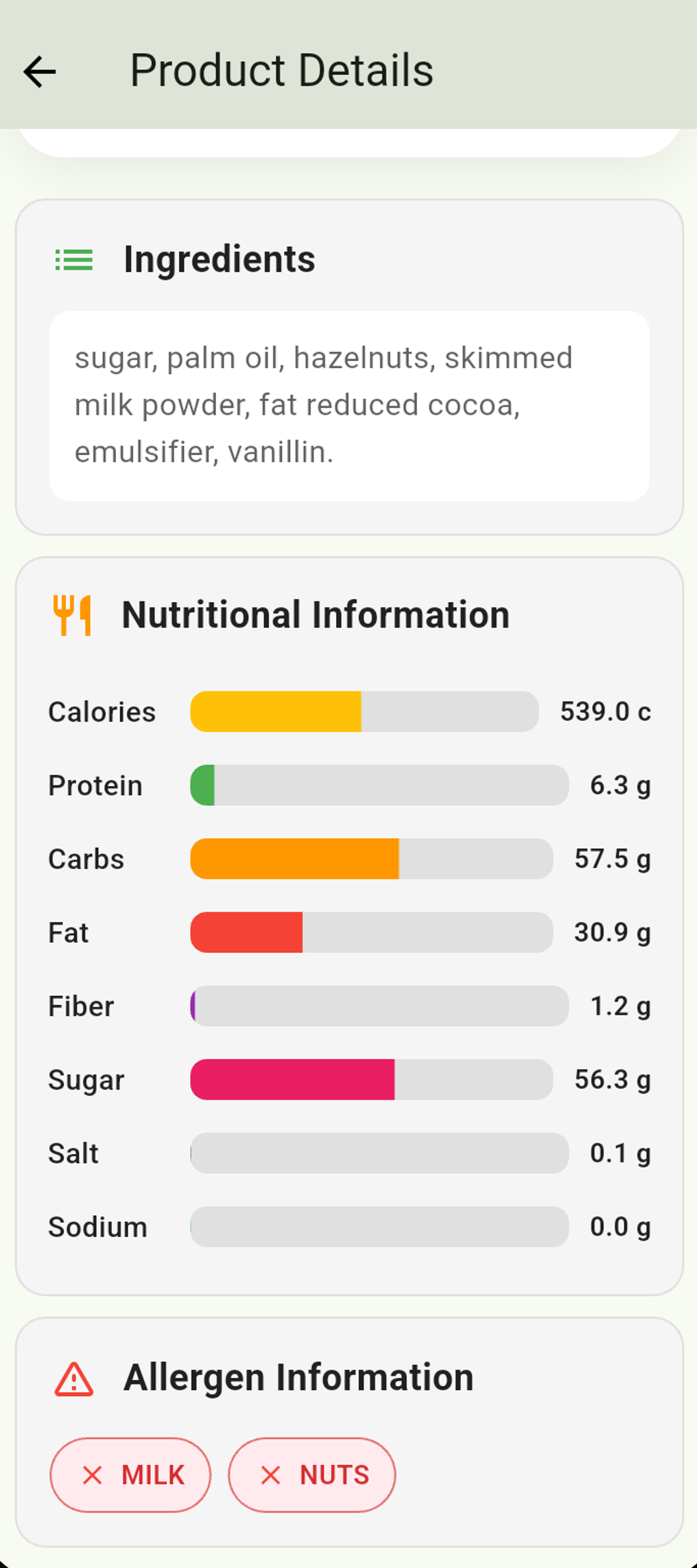 Nutrition bars, ingredients, and allergen warnings