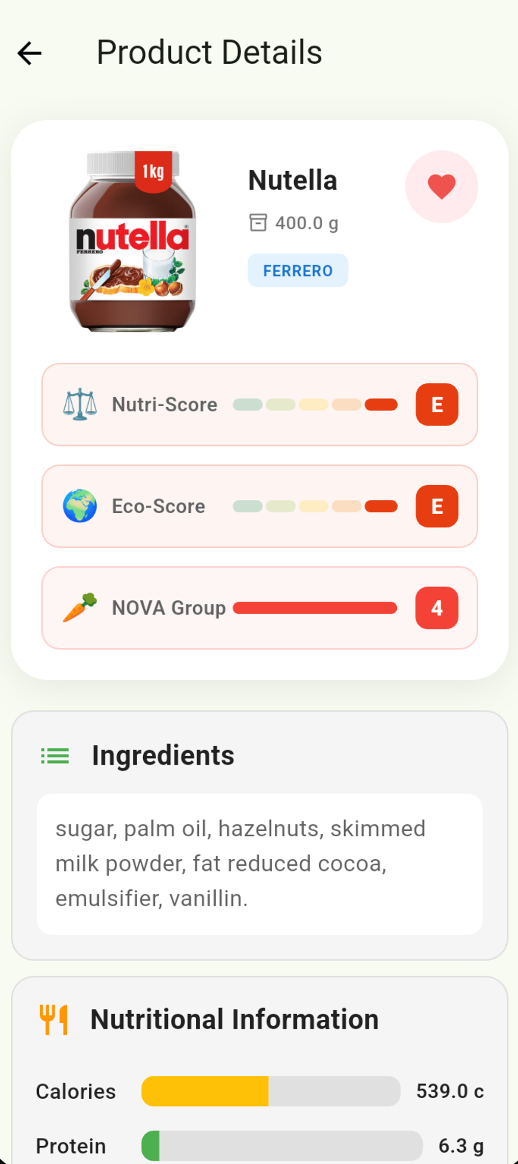 Product details with Nutri-Score, Eco-Score, and NOVA
