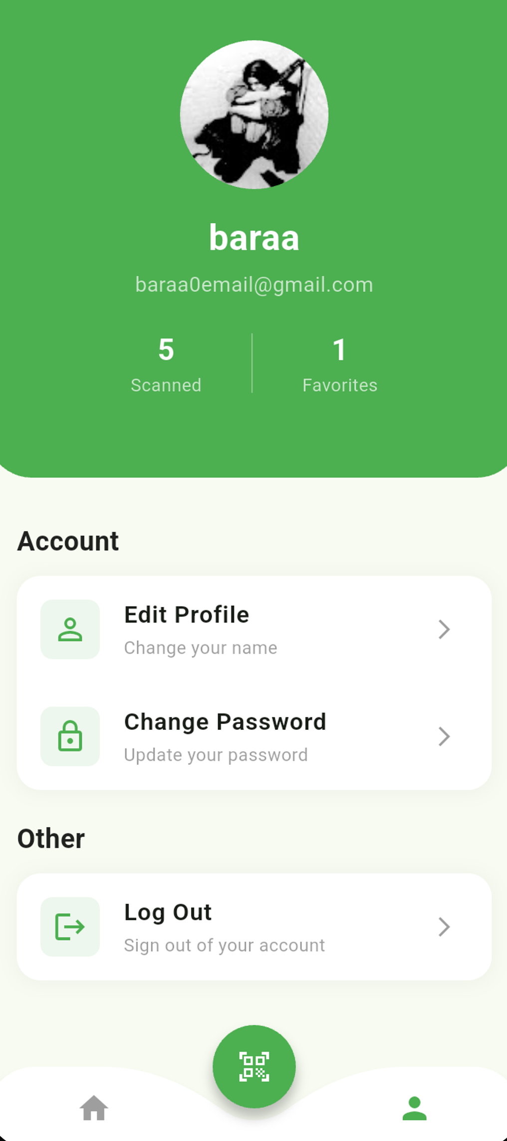 Profile settings with scanned and favorites stats