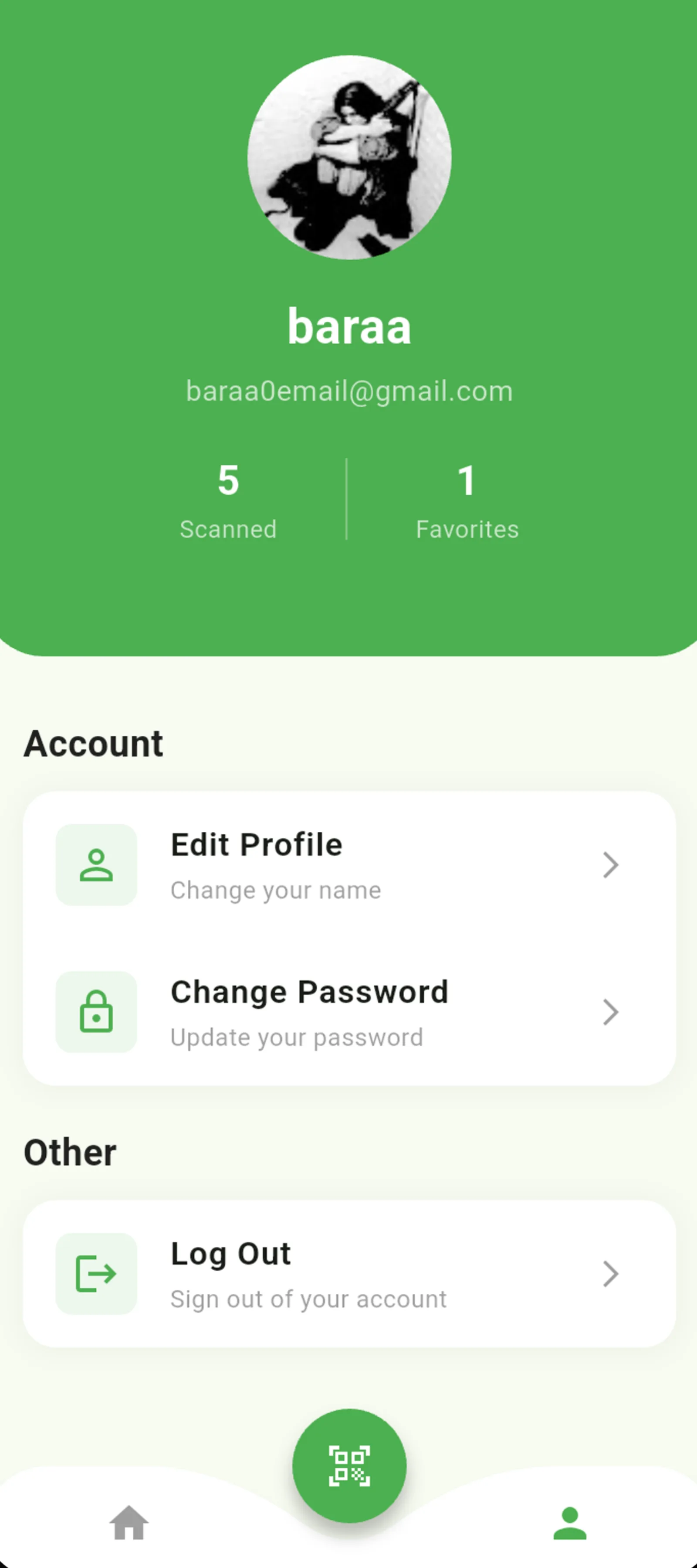 Profile settings with scanned and favorites stats