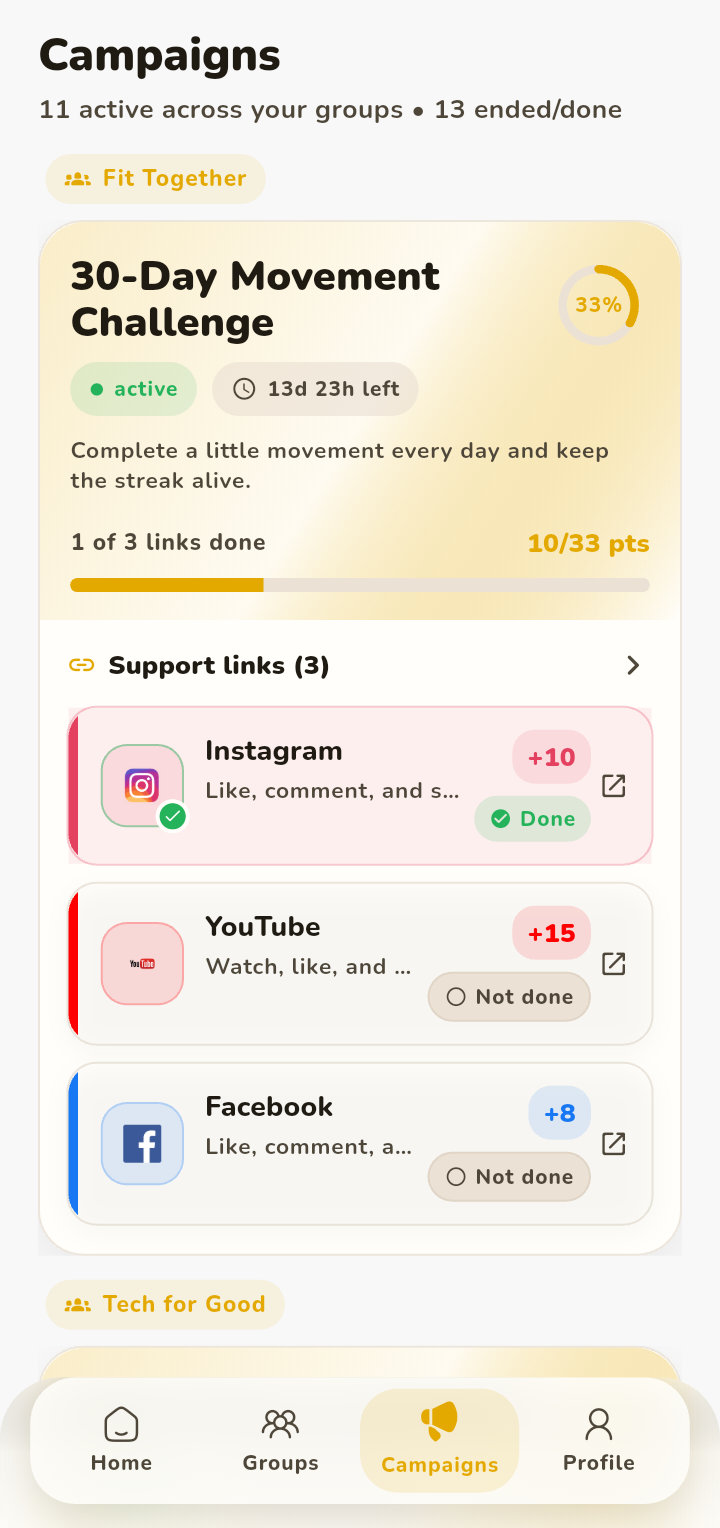 Campaigns feed with progress and platform action links
