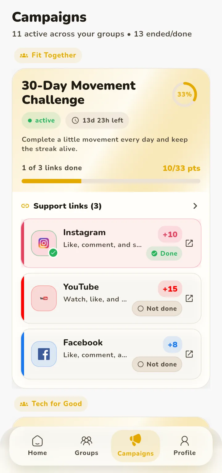 Campaigns feed with progress and platform action links