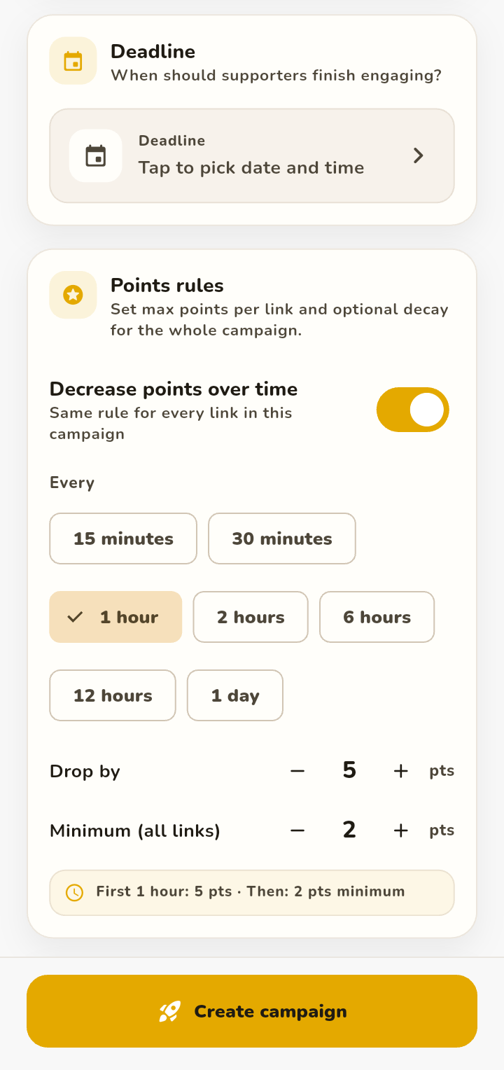 Create campaign deadline and points decay rules