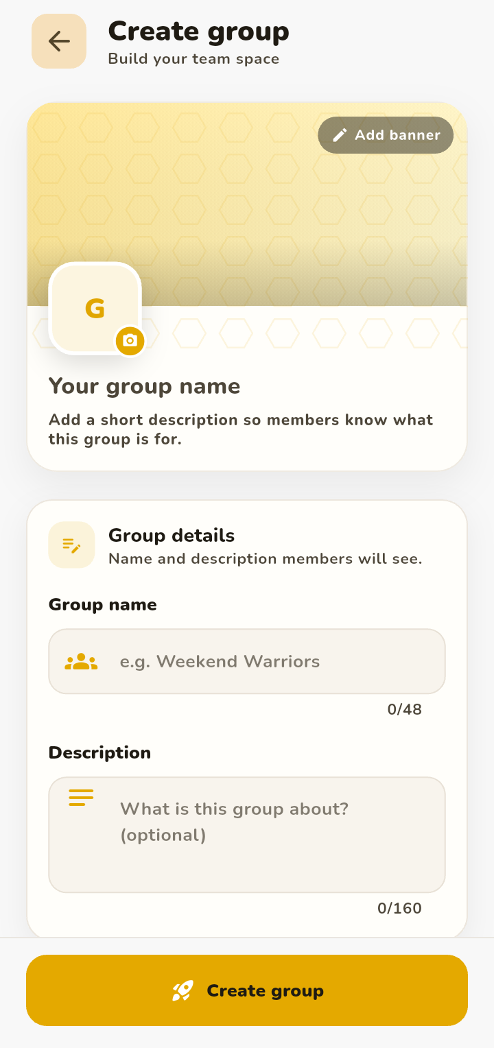 Create group flow with banner, logo, name, and description