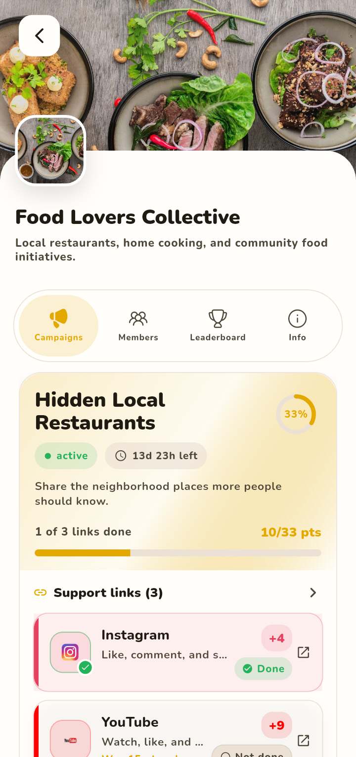 Group page showing an active campaign and support links