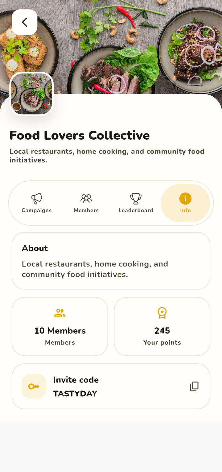 Group info with member count, points, and invite code