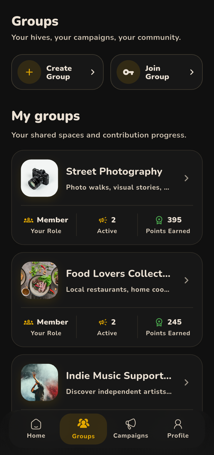 Groups screen in dark mode