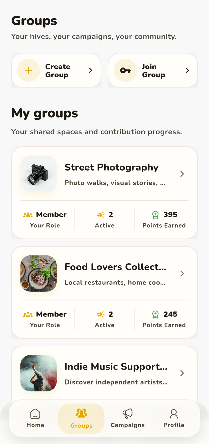 Groups list with roles, active campaigns, and points earned