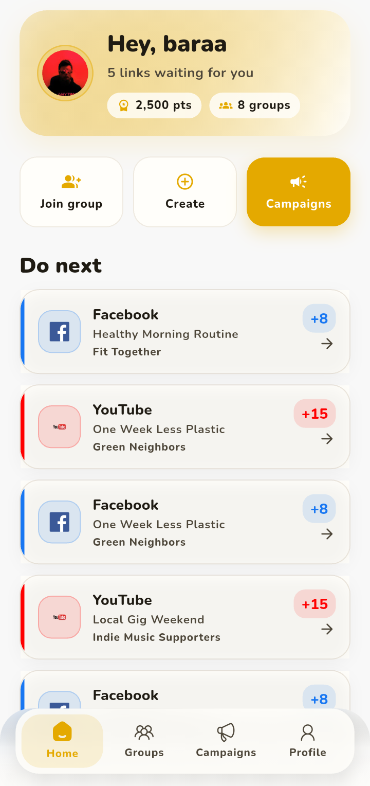 Home dashboard with points, groups, and Do next actions