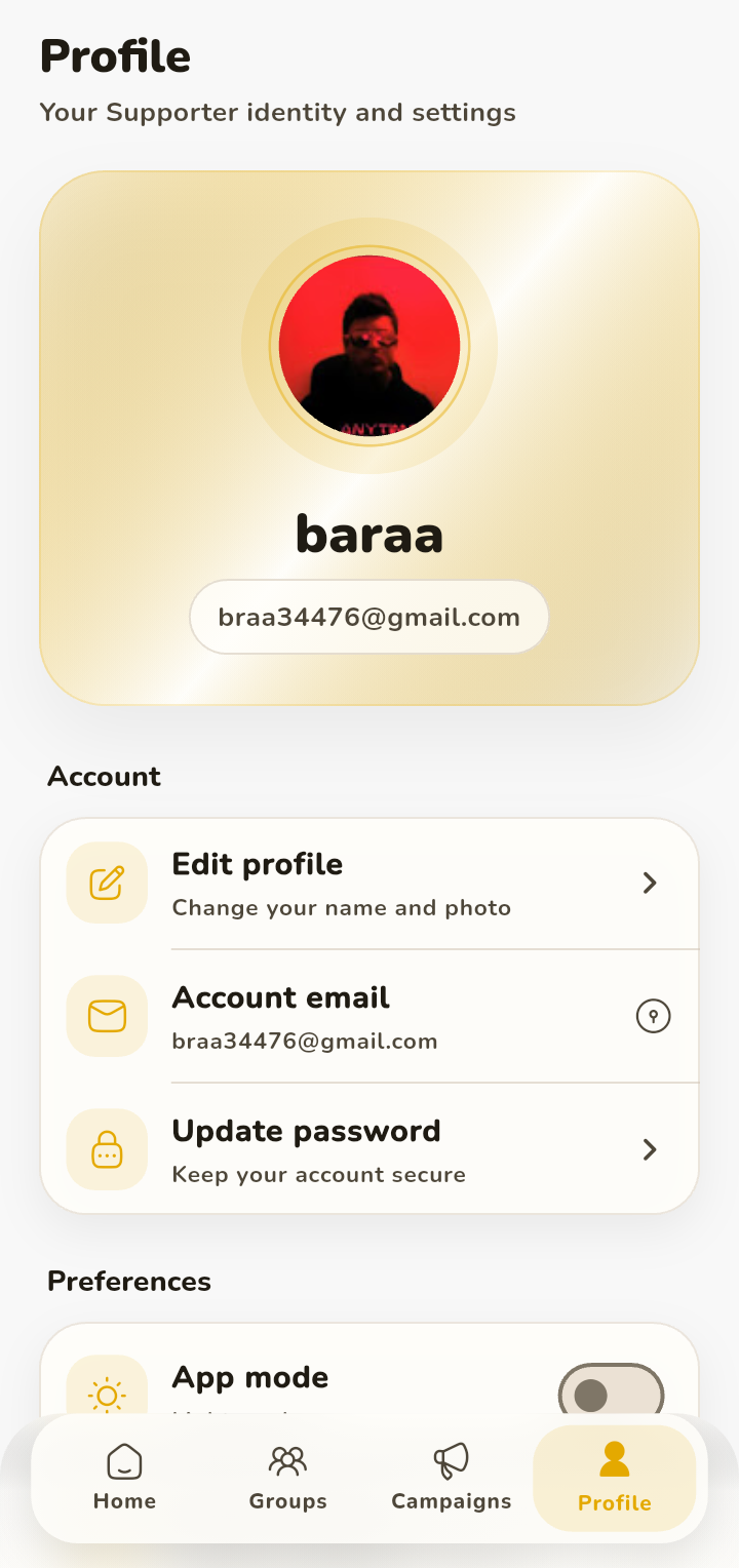 Profile settings with account options and theme toggle