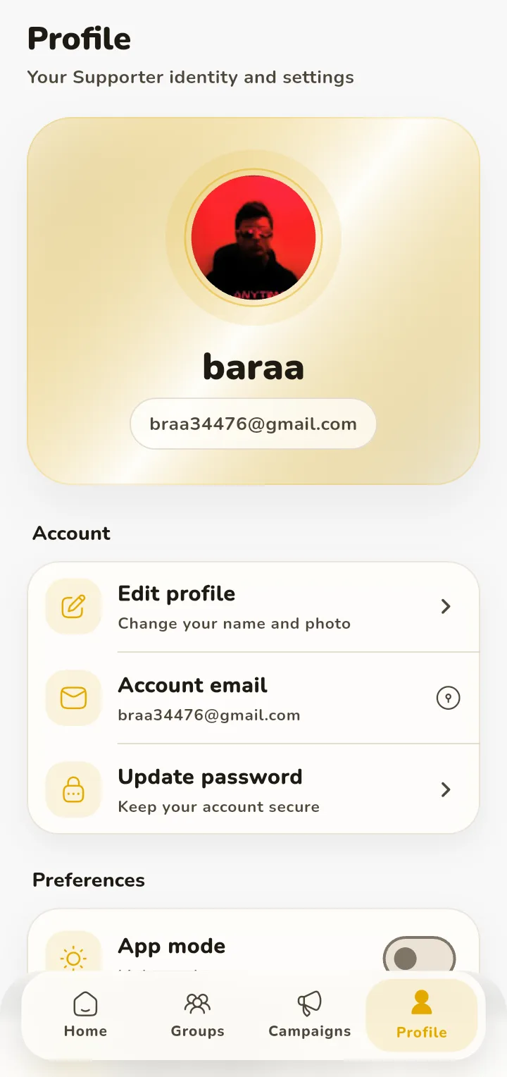 Profile settings with account options and theme toggle