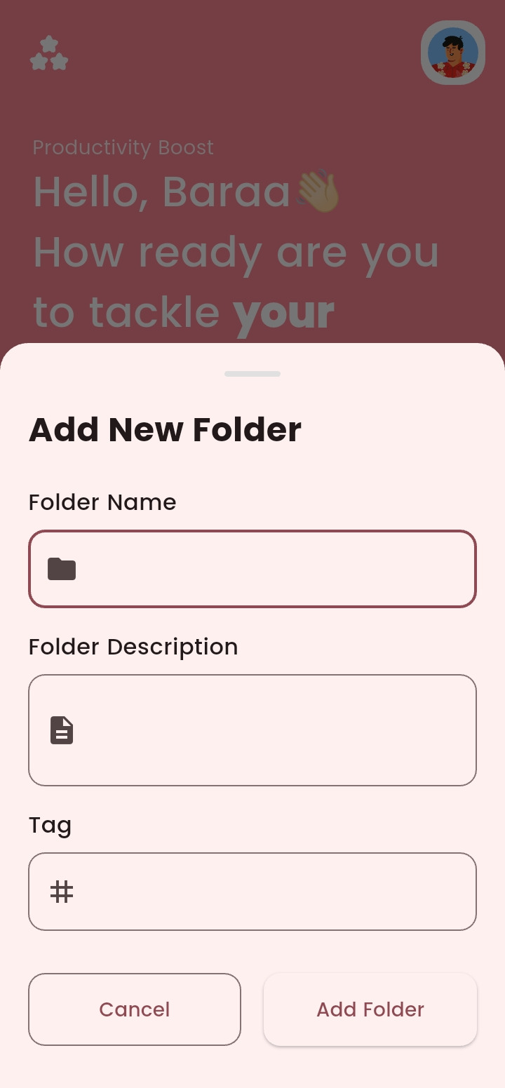 Add new folder sheet with name, description, and tag