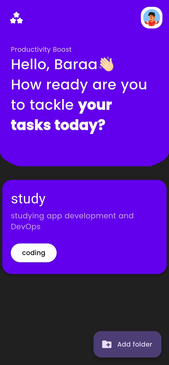 Home screen in dark mode with accent theming